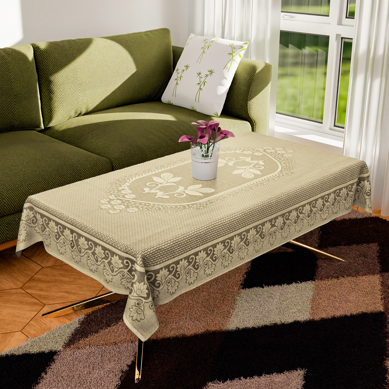 Kuber Industries Center Table Cover|Cotton Luxurious Net Floral S-19 Design|Stain-Resistant & Anti Skid Coffee Table Cover|40x60 Inch (Cream)