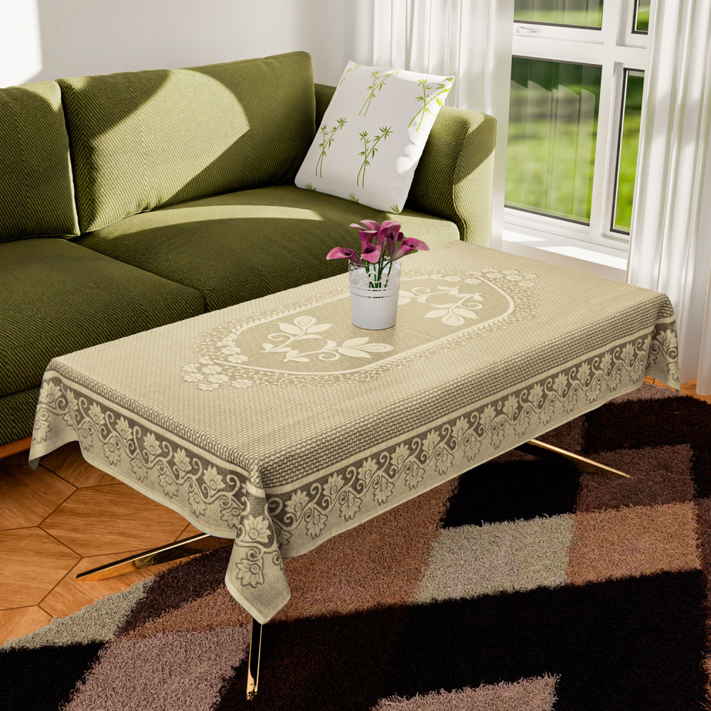 Kuber Industries Center Table Cover|Cotton Luxurious Net Floral S-19 Design|Stain-Resistant &amp; Anti Skid Coffee Table Cover|40x60 Inch (Cream)