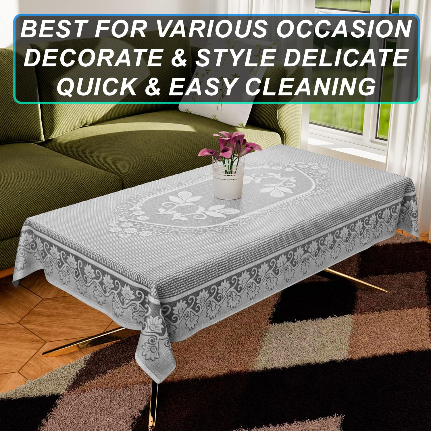 Kuber Industries Center Table CoverCotton Luxurious Net Floral S-19 DesignStain-Resistant  Anti Skid Coffee Table Cover40x60 Inch White