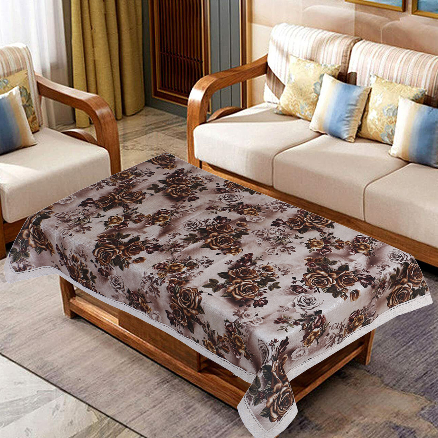 Kuber Industries Center Table Cover|Luxurious Gold Rose Pattern Faux Silk Tablecloth|Slip Resistant Protector Table Top Cover With Jutelace Border, 40x60 Inch (Gold)
