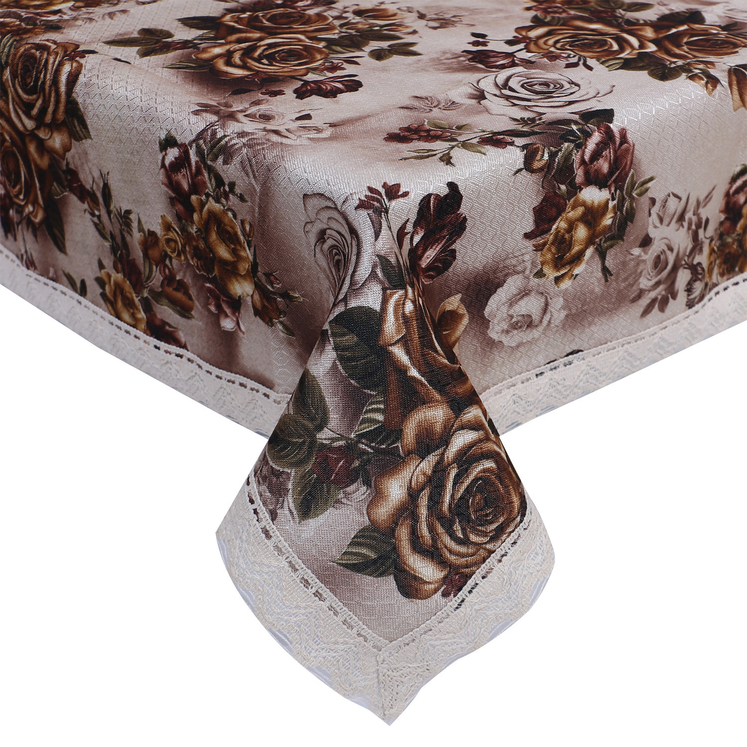 Kuber Industries Center Table Cover|Luxurious Gold Rose Pattern Faux Silk Tablecloth|Slip Resistant Protector Table Top Cover With Jutelace Border, 40x60 Inch (Gold)