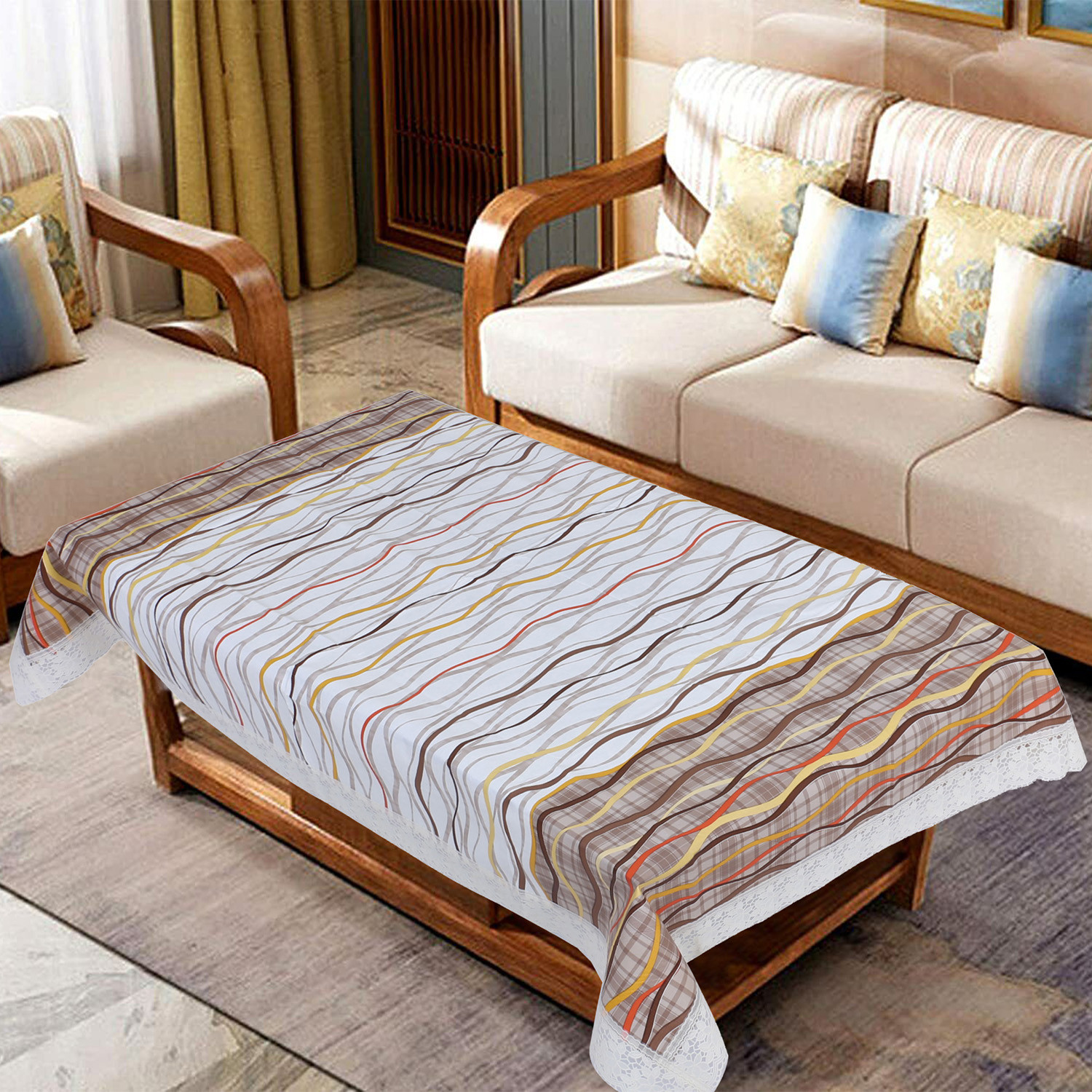 Kuber Industries Center Table Cover|Luxurious Line Pattern PVC Tablecloth|Slip Resistant Protector Table Top Cover With Seamlace Border, 40x60 Inch (Multicolor)
