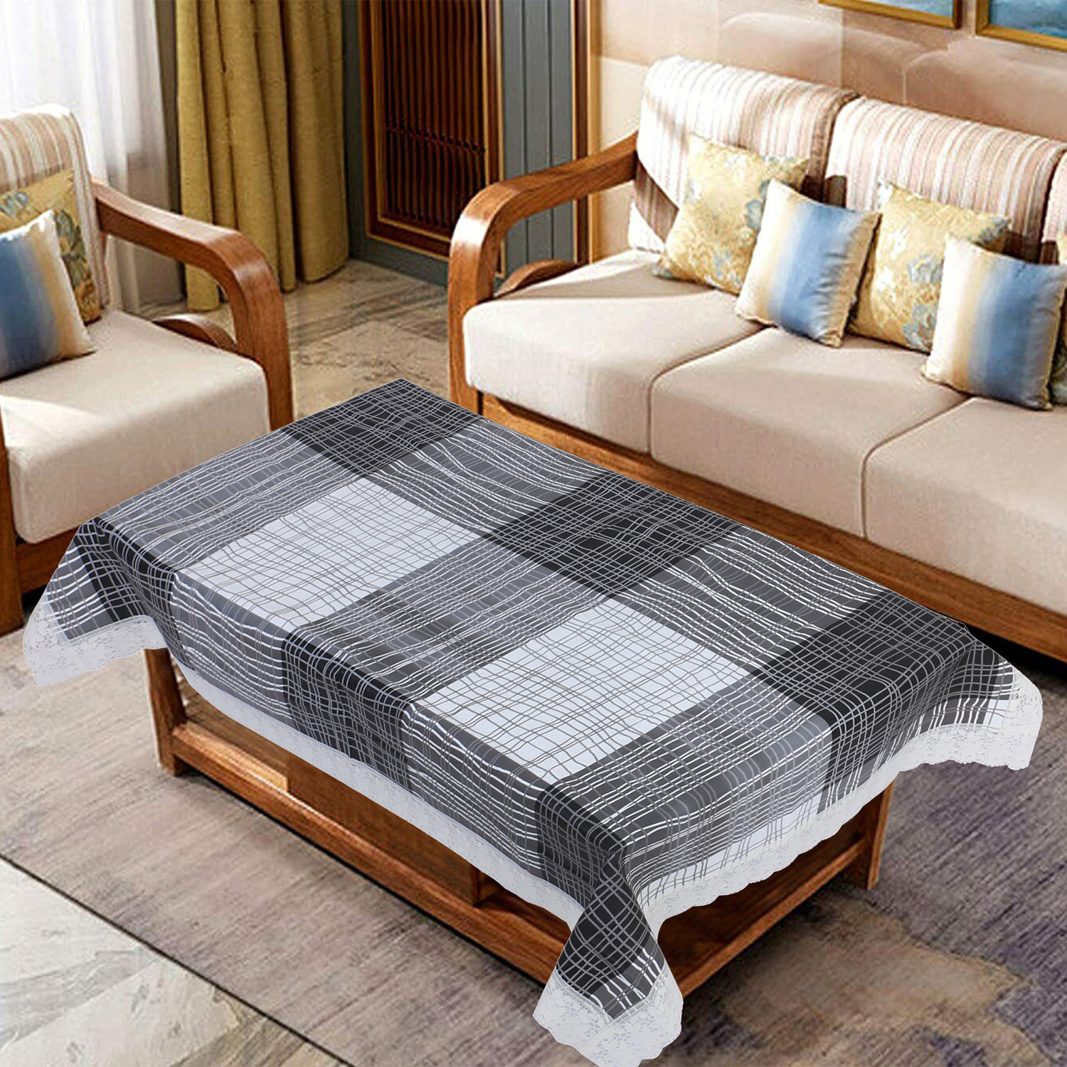 Kuber Industries Center Table Cover|Luxurious Lines Pattern PVC Tablecloth|Slip Resistant Protector Table Top Cover With Seamlace Border, 40x60 Inch (Gray)