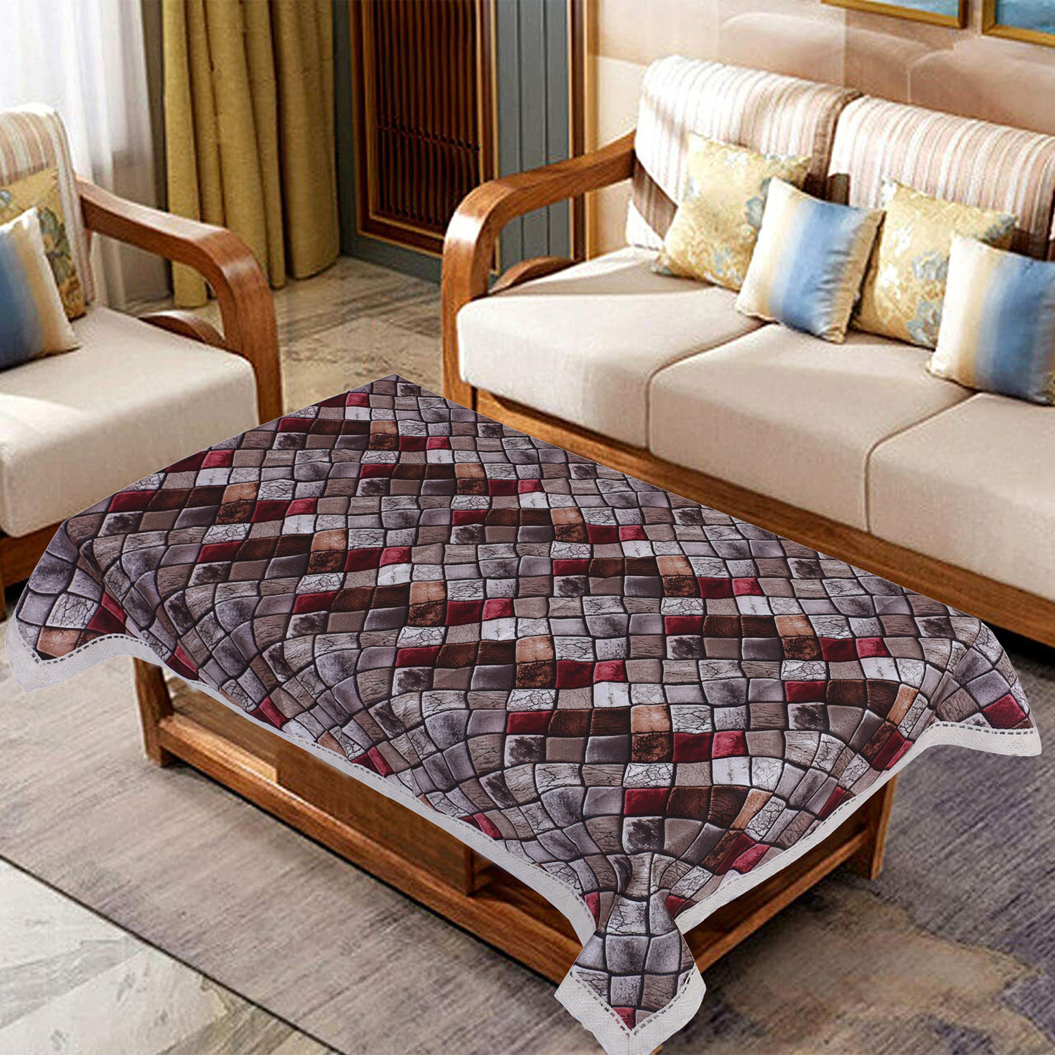 Kuber Industries Center Table Cover|Luxurious Mosaic Pattern Faux Silk Tablecloth|Slip Resistant Protector Table Top Cover With Jutelace Border, 40x60 Inch (Multicolor)