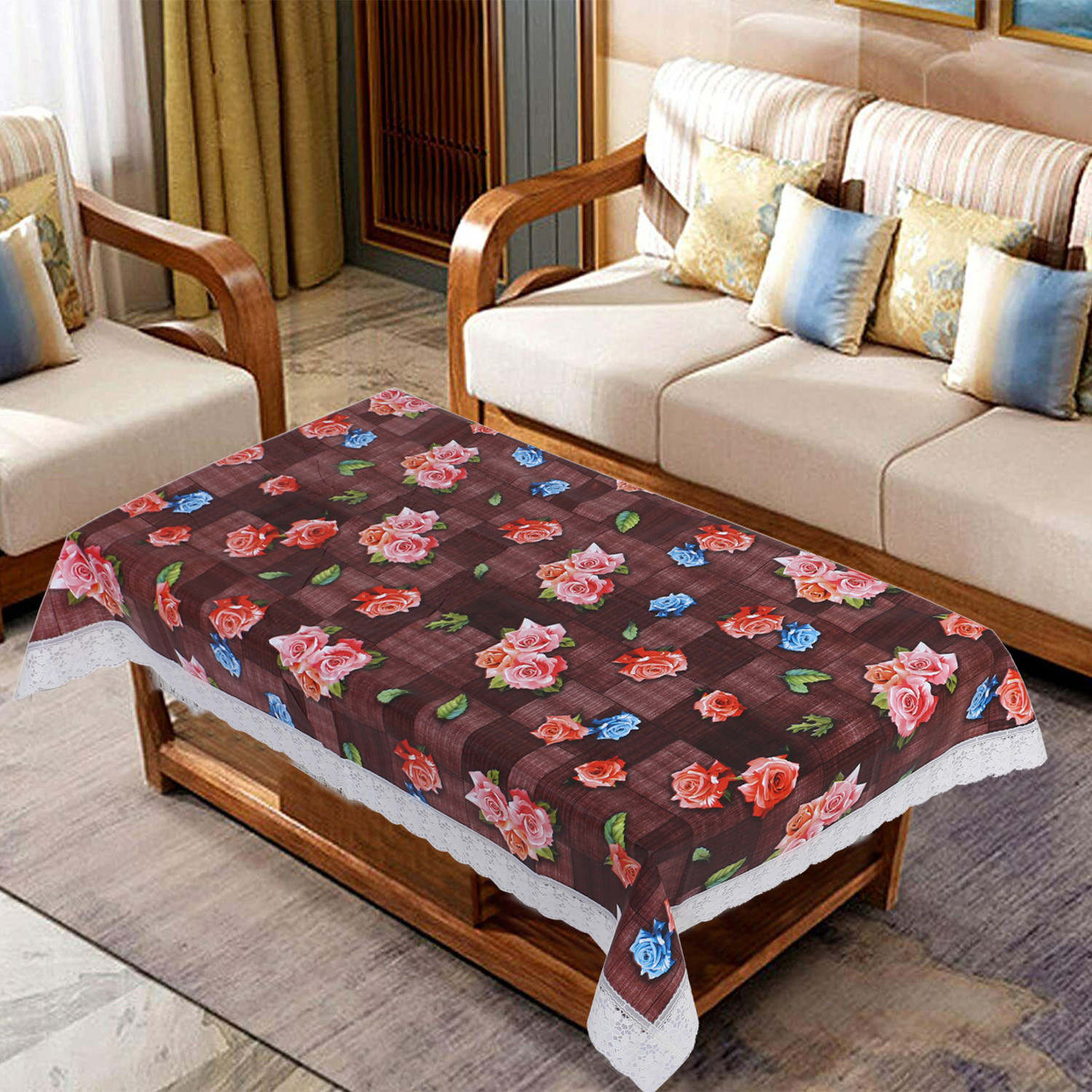 Kuber Industries Center Table Cover|Luxurious Rose Floral Pattern PVC Tablecloth|Slip Resistant Protector Table Top Cover With Seamlace Border, 40x60 Inch (Maroon)