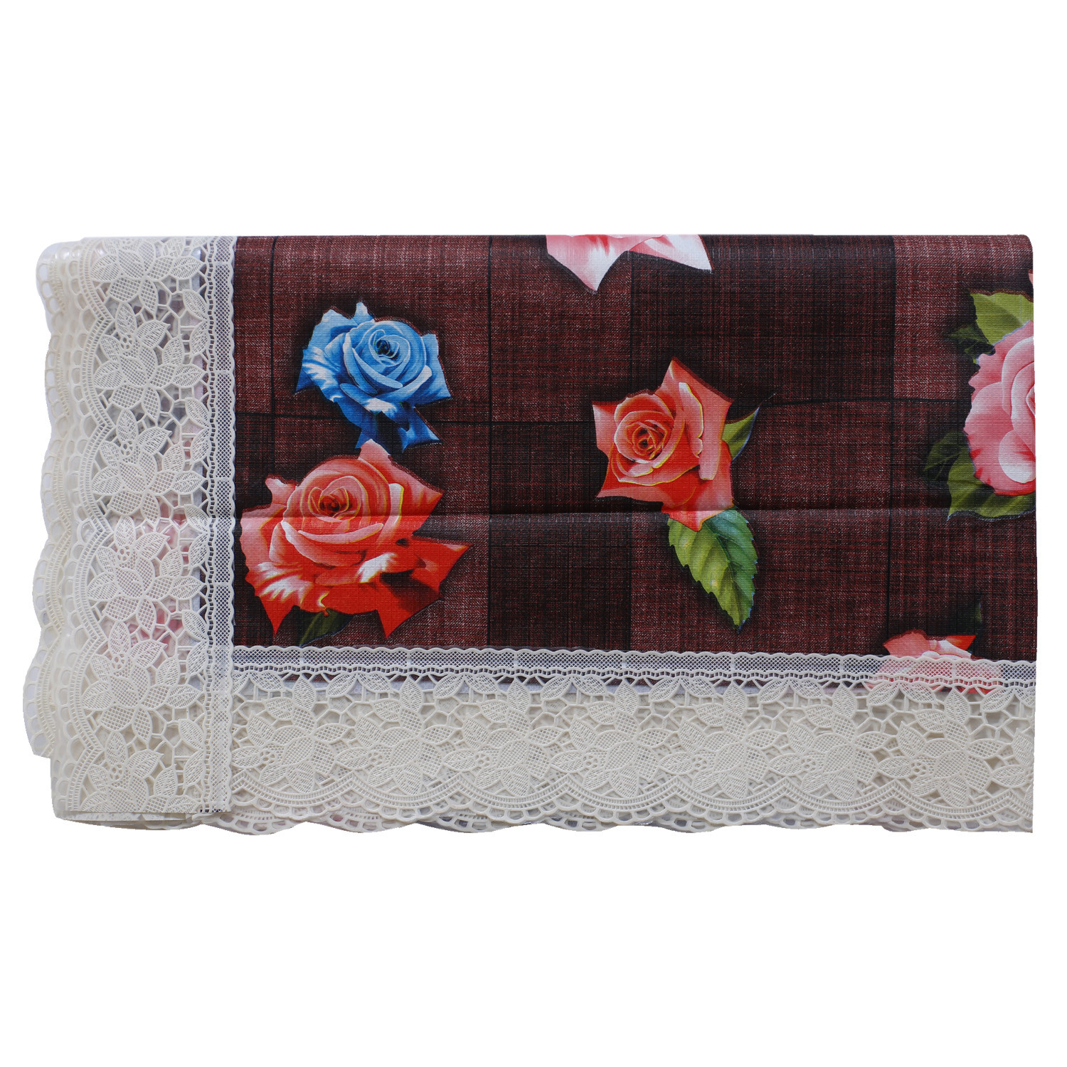 Kuber Industries Center Table Cover|Luxurious Rose Floral Pattern PVC Tablecloth|Slip Resistant Protector Table Top Cover With Seamlace Border, 40x60 Inch (Maroon)