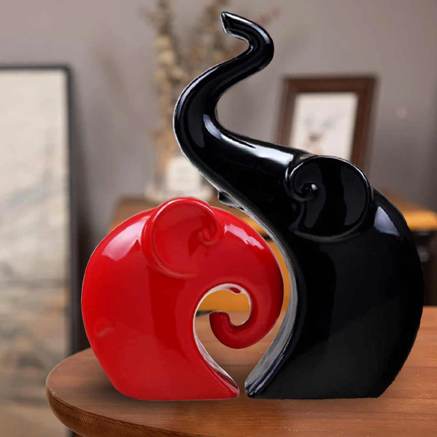 Kuber Industries Ceramic Elephant Couple Figurines Set Idol For Home & office Décor (Red & Black)