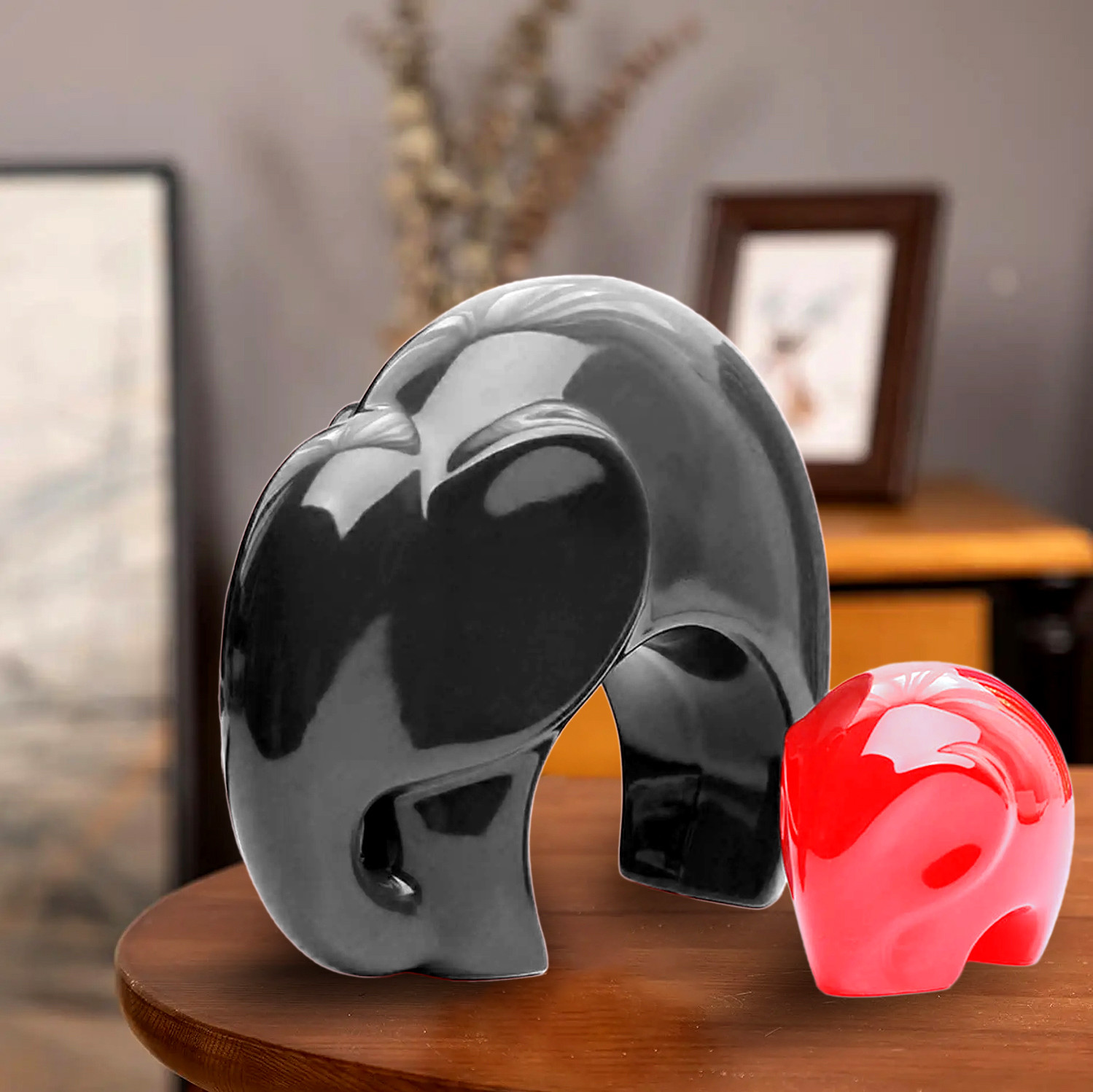 Kuber Industries Ceramic Elephant Mother and Kid Figurine Set For Home Decoration Showpiece (Red & Black)