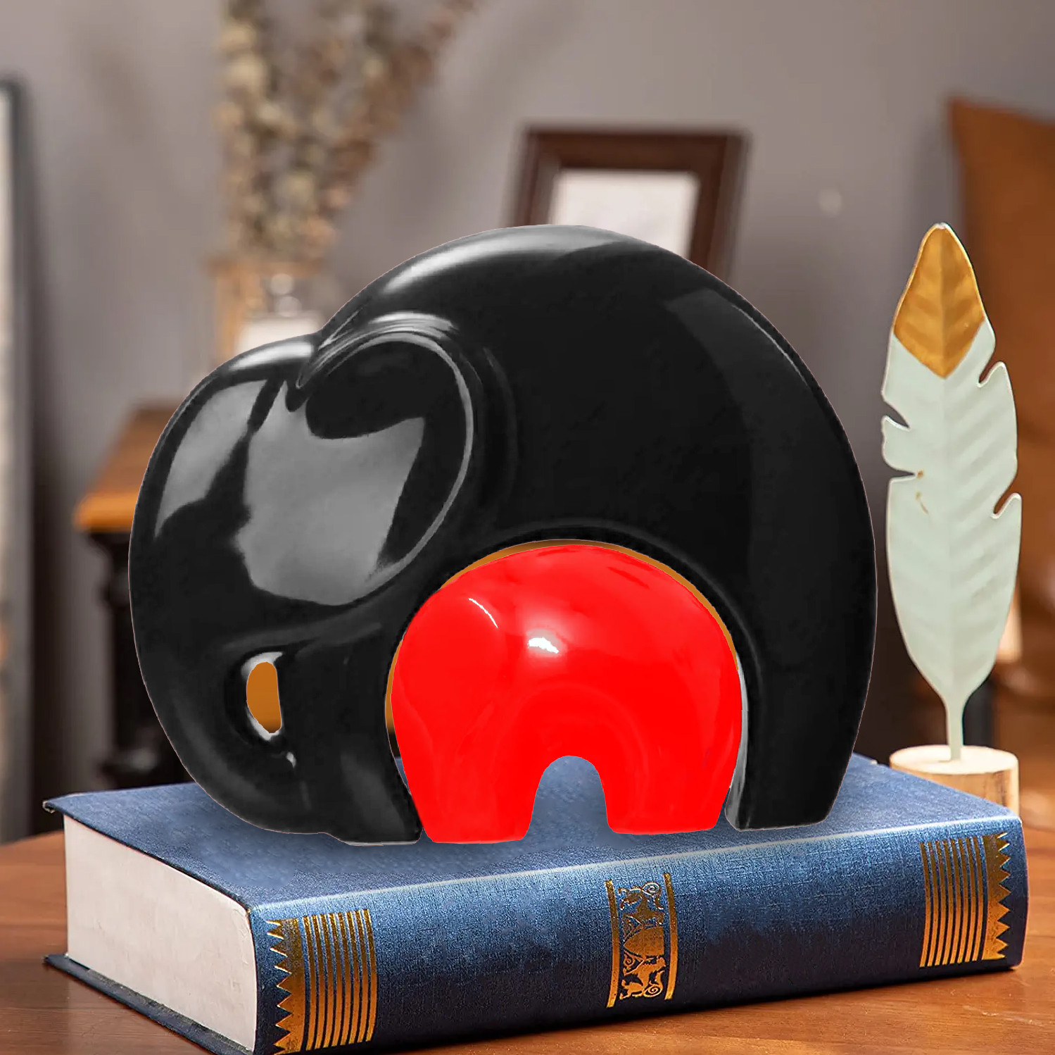 Kuber Industries Ceramic Elephant Mother and Kid Figurine Set For Home Decoration Showpiece (Red & Black)