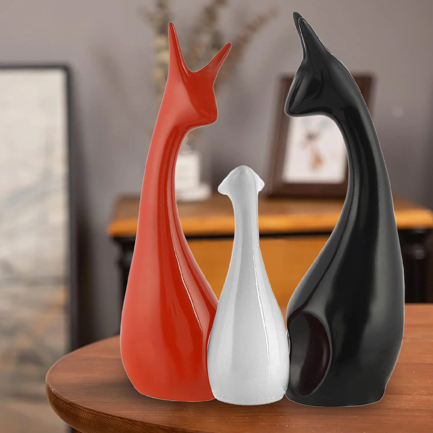 Kuber Industries Ceramic Figurines Deer Family Showpiece|Deer Set For Home Decor,Abstract Animal Statue (Black,Red,White)