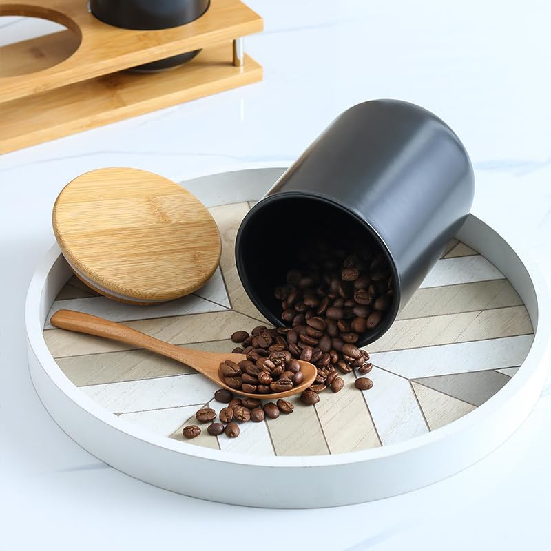 Kuber Industries Ceramic Jar | Food Storage Jar | Kitchen Storage Jar | Round Jar for Home | Sugar Storage Jar | Airtight Bamboo Lid | YX07-L-BK | 1000 ML | Black