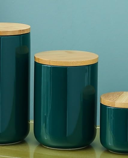Kuber Industries Ceramic Jar | Food Storage Jar | Kitchen Storage Jar | Round Jar for Home | Sugar Storage Jar | Airtight Bamboo Lid | YX06-M-GN | 800 ML | Green