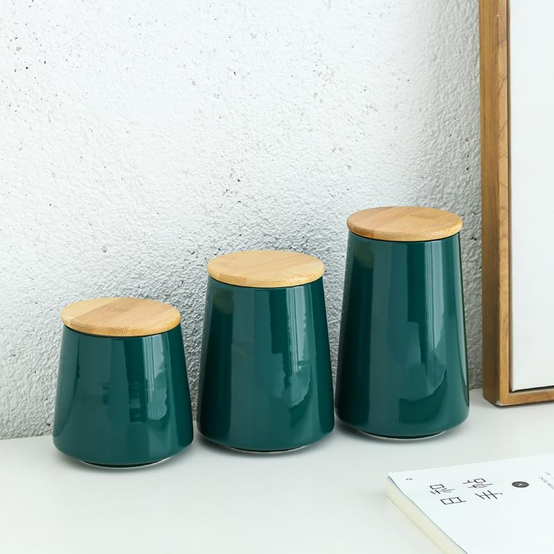 Kuber Industries Ceramic Jar | Food Storage Jar | Kitchen Storage Jar | Round Jar for Home | Sugar Storage Jar | Airtight Bamboo Lid | YX02-M-GN | 700 ML | Green