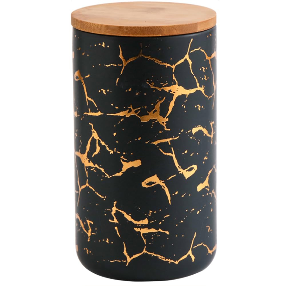 Kuber Industries Ceramic Jar | Food Storage Jar | Kitchen Storage Jar | Round Jar for Home | Sugar Storage Jar | Airtight Bamboo Lid | YX13-L-BK | 1000 ML | Black