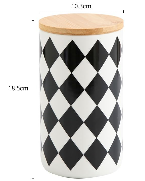 Kuber Industries Ceramic Jar | Food Storage Jar | Kitchen Storage Jar | Round Jar for Home | Sugar Storage Jar | Airtight Bamboo Lid | Diamond Pattern | YX11-L-DM | 1000 ML | Black-White