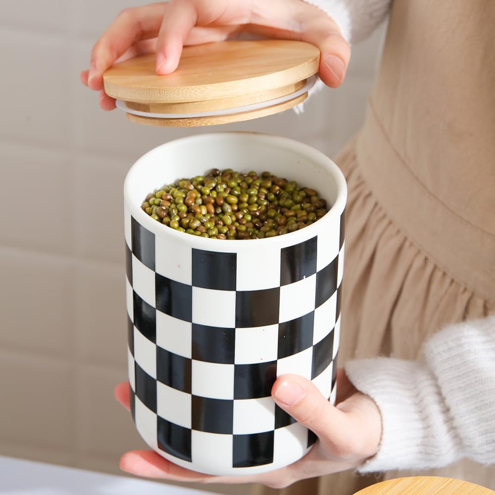 Kuber Industries Ceramic Jar | Food Storage Jar | Kitchen Storage Jar | Round Jar for Home | Sugar Storage Jar | Airtight Bamboo Lid | Square Pattern | YX11-L-SQ | 1000 ML | Black-White