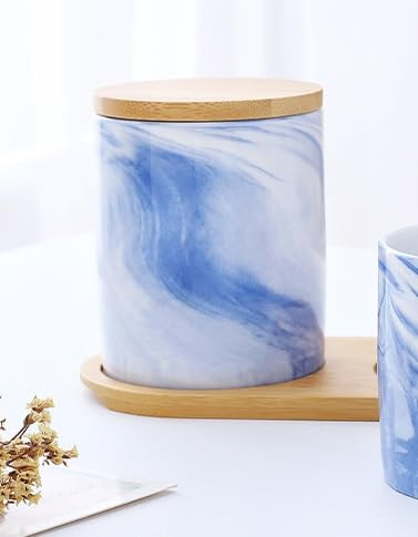 Kuber Industries Ceramic Jar | Food Storage Jar | Kitchen Storage Jar | Round Jar for Home | Sugar Storage Jar | Airtight Bamboo Lid | YX09-M-BU | 400 ML | Blue
