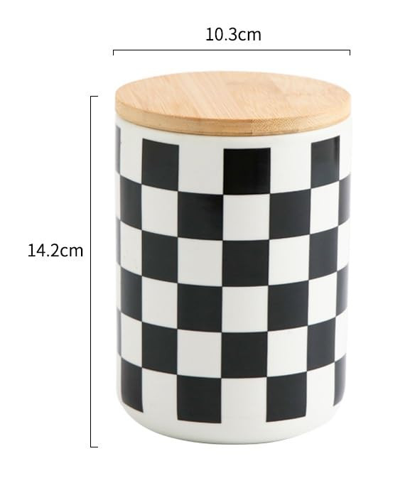 Kuber Industries Ceramic Jar | Food Storage Jar | Kitchen Storage Jar | Round Jar for Home | Sugar Storage Jar | Airtight Bamboo Lid | Square Pattern | YX10-M-SQ | 800 ML | Black-White