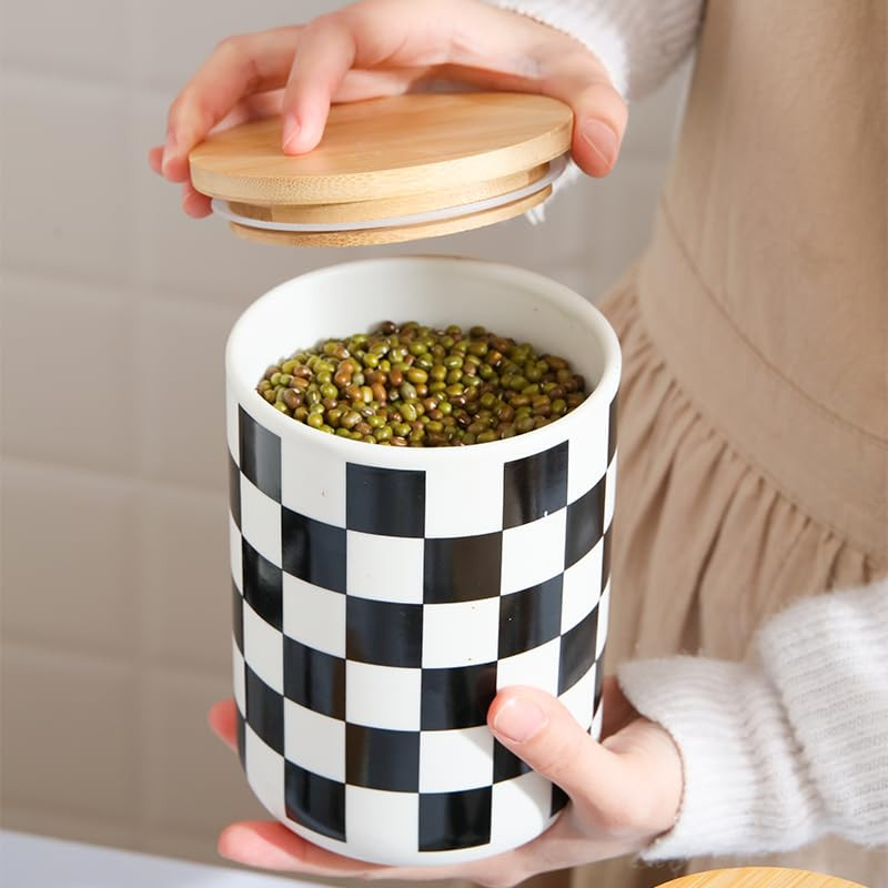 Kuber Industries Ceramic Jar | Food Storage Jar | Kitchen Storage Jar | Round Jar for Home | Sugar Storage Jar | Airtight Bamboo Lid | Square Pattern | YX10-M-SQ | 800 ML | Black-White