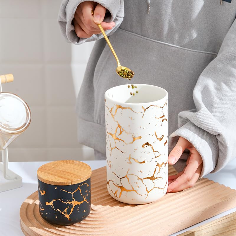 Kuber Industries Ceramic Jar | Food Storage Jar | Kitchen Storage Jar | Round Jar for Home | Sugar Storage Jar | Airtight Bamboo Lid | YX13-L-WT | 1000 ML | White
