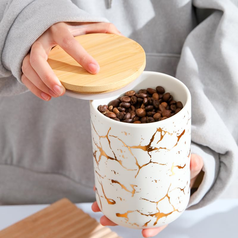Kuber Industries Ceramic Jar | Food Storage Jar | Kitchen Storage Jar | Round Jar for Home | Sugar Storage Jar | Airtight Bamboo Lid | YX13-L-WT | 1000 ML | White