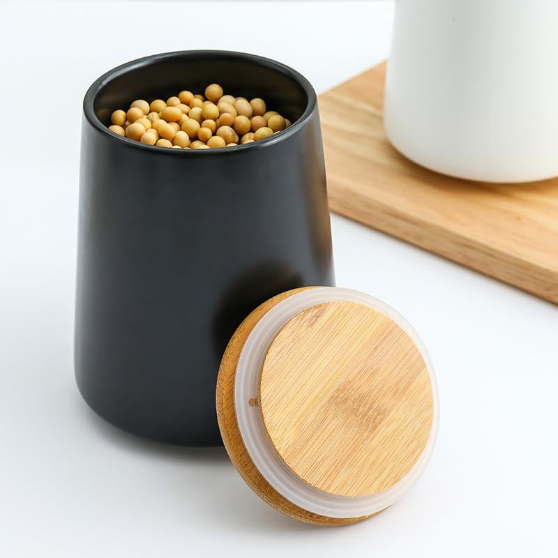 Kuber Industries Ceramic Jar | Food Storage Jar | Kitchen Storage Jar | Round Jar for Home | Sugar Storage Jar | Airtight Bamboo Lid | YX03-L-BK | 850 ML | Black