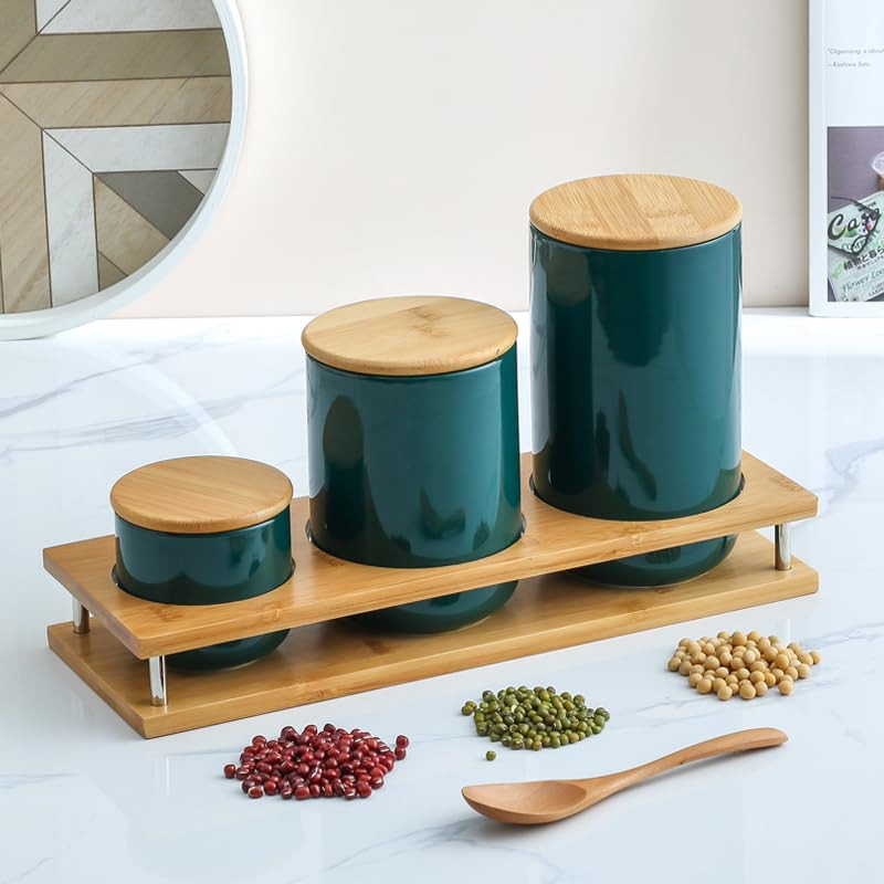 Kuber Industries Ceramic Jar | Food Storage Jar | Kitchen Storage Jar | Round Jar for Home | Sugar Storage Jar | Airtight Bamboo Lid | YX08-3-GN | 3 Piece Set | 260 | 800 | 1000 ML | Green