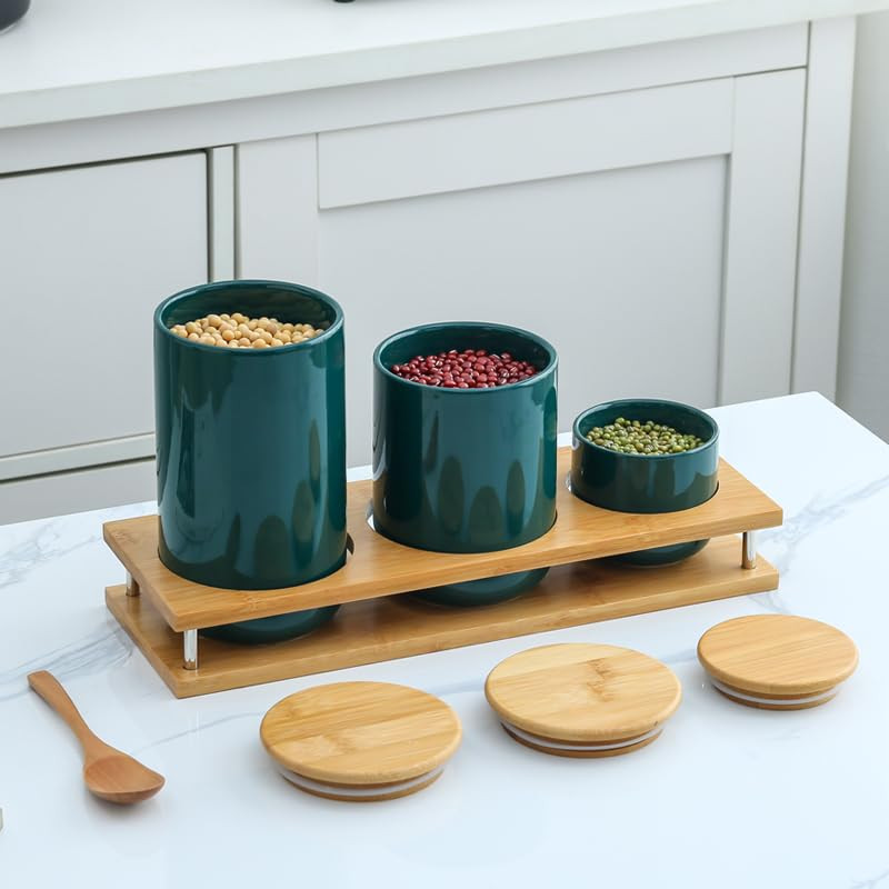 Kuber Industries Ceramic Jar | Food Storage Jar | Kitchen Storage Jar | Round Jar for Home | Sugar Storage Jar | Airtight Bamboo Lid | YX08-3-GN | 3 Piece Set | 260 | 800 | 1000 ML | Green