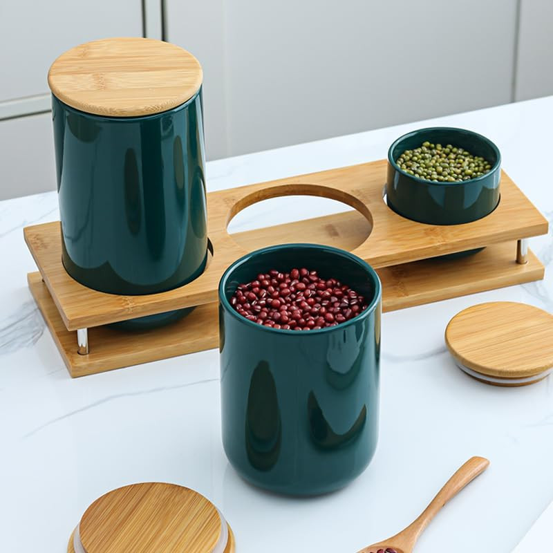 Kuber Industries Ceramic Jar | Food Storage Jar | Kitchen Storage Jar | Round Jar for Home | Sugar Storage Jar | Airtight Bamboo Lid | YX08-3-GN | 3 Piece Set | 260 | 800 | 1000 ML | Green