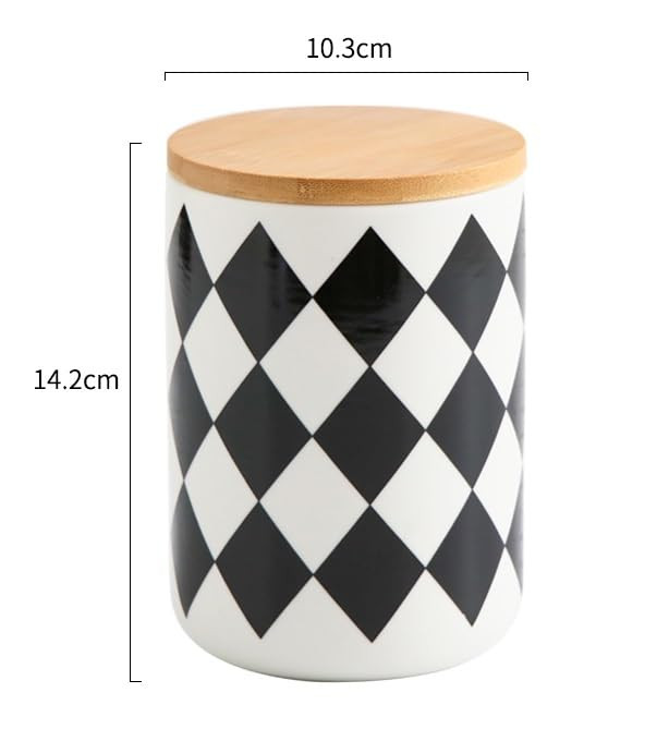 Kuber Industries Ceramic Jar | Food Storage Jar | Kitchen Storage Jar | Round Jar for Home | Sugar Storage Jar | Airtight Bamboo Lid | Diamond Pattern | YX10-M-DM | 800 ML | Black-White