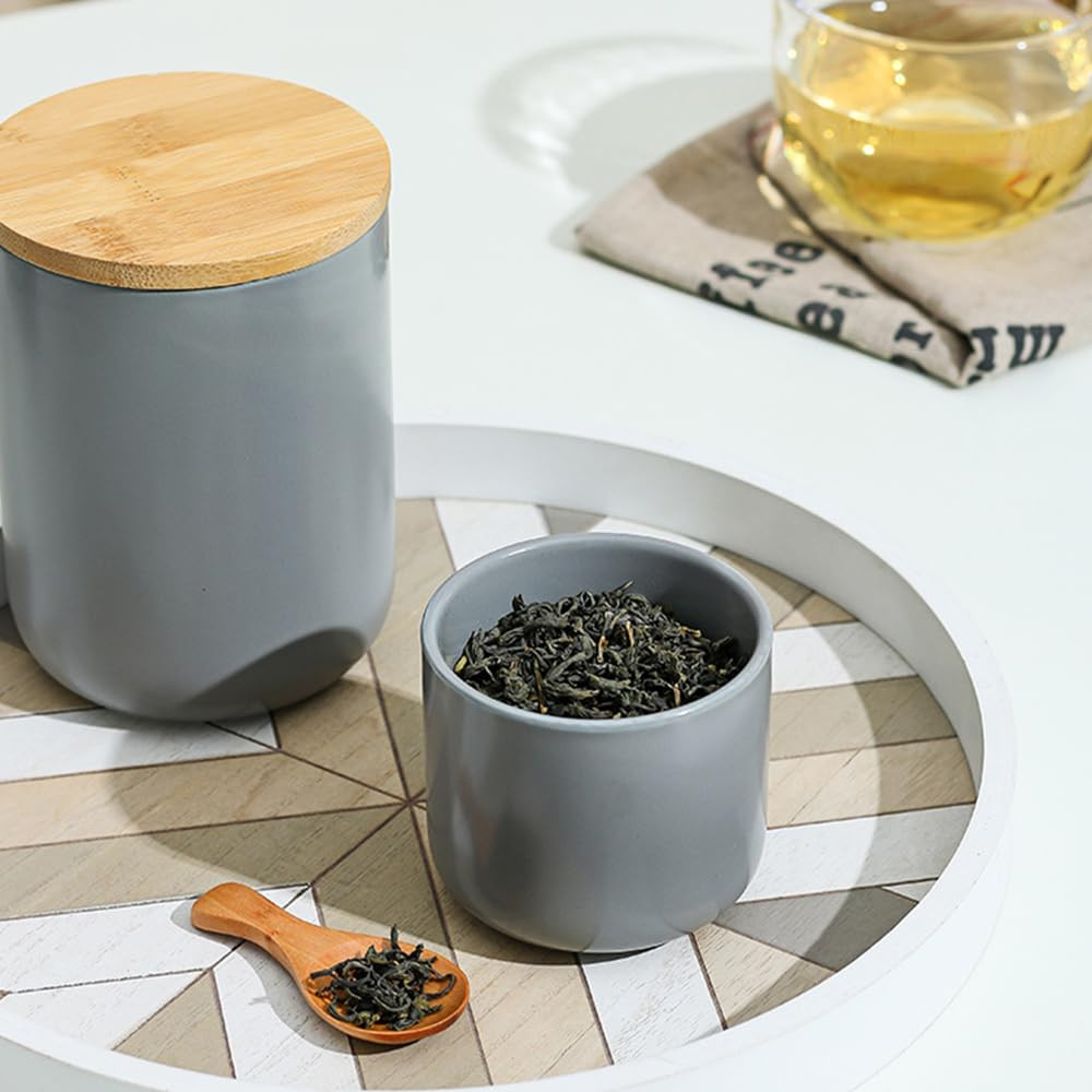 Kuber Industries Ceramic Jar | Food Storage Jar | Kitchen Storage Jar | Round Jar for Home | Sugar Storage Jar | Airtight Bamboo Lid | YX05-S-GY | 260 ML | Gray