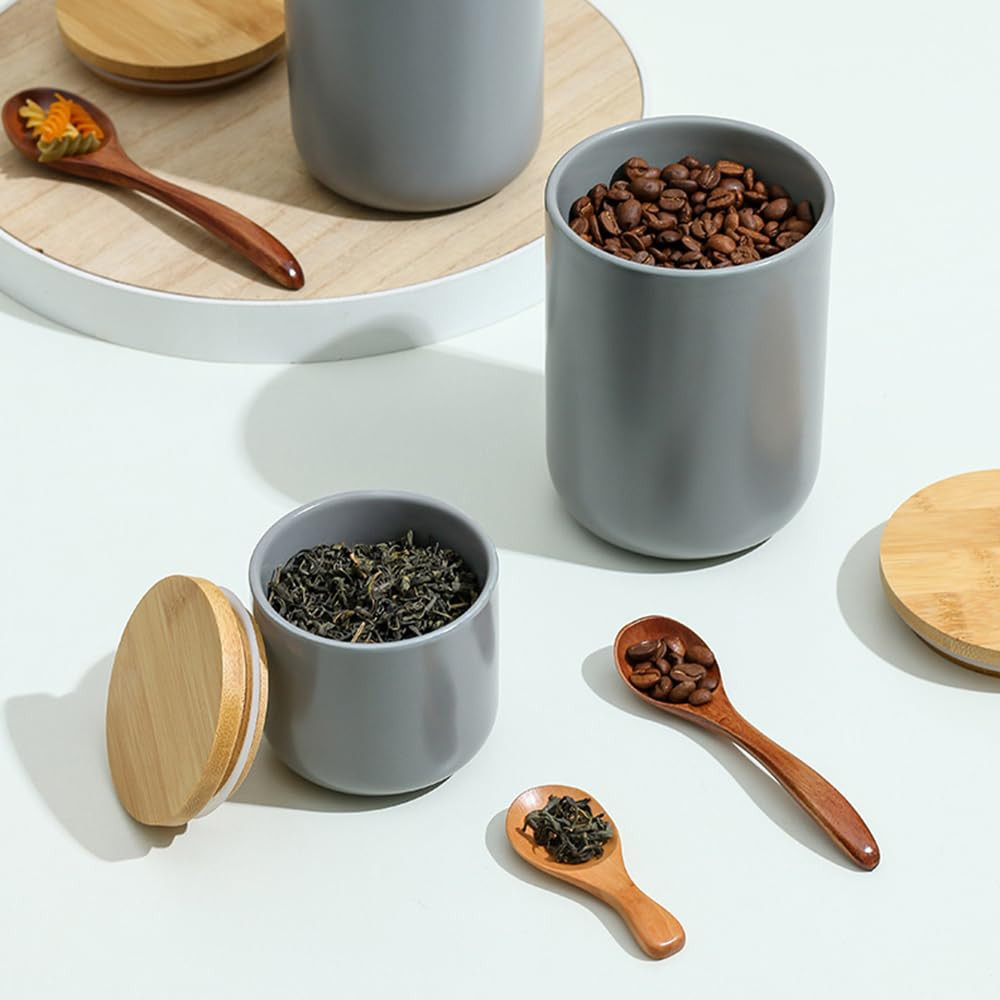Kuber Industries Ceramic Jar | Food Storage Jar | Kitchen Storage Jar | Round Jar for Home | Sugar Storage Jar | Airtight Bamboo Lid | YX05-S-GY | 260 ML | Gray