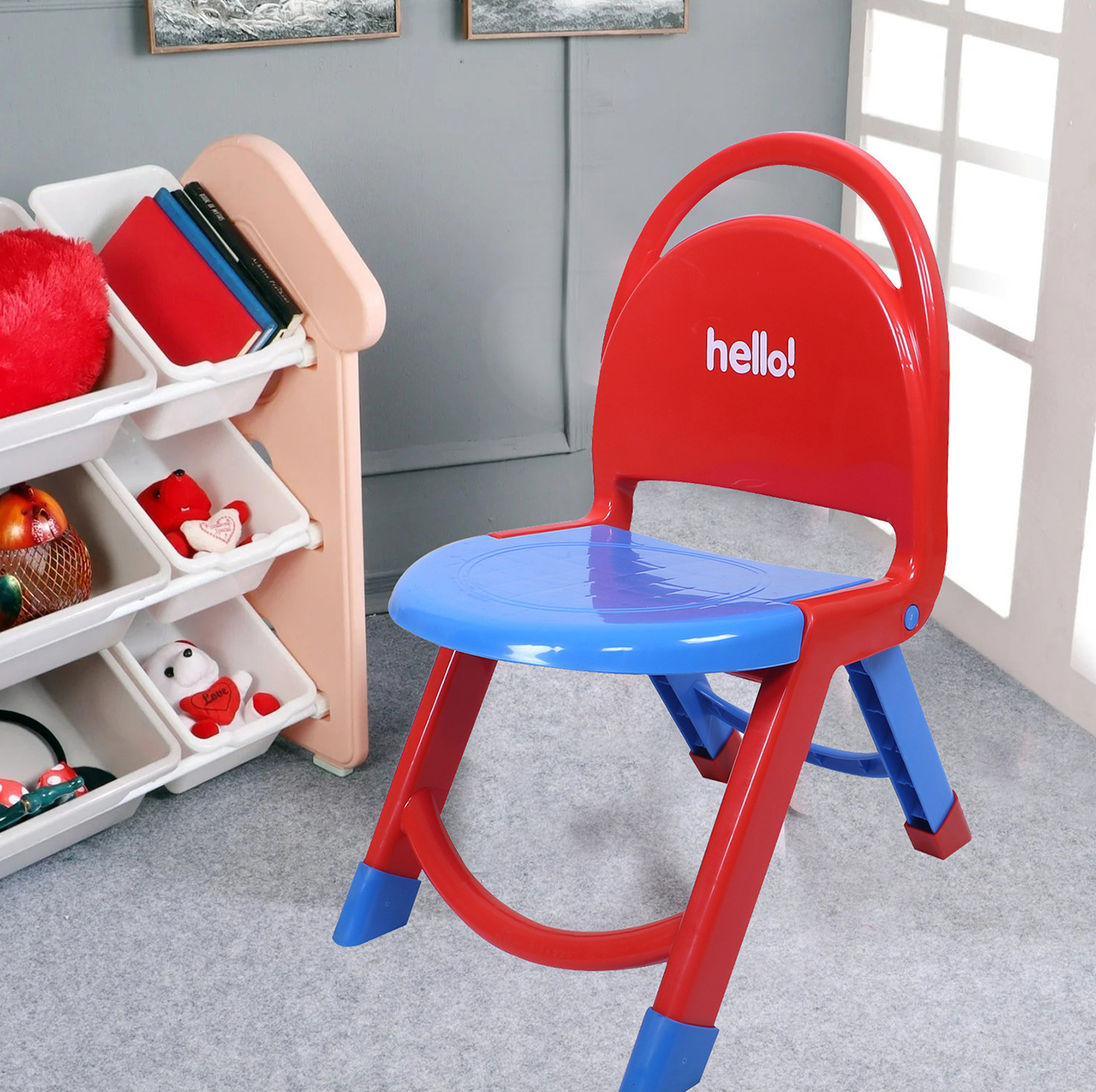 Kuber Industries Chair for Kids  Plastic Kids Foldable Chair  Baby Chair  School Study Chair  Toddler Chair  Indoor or Outdoor Use for Kids  Capacity 80 Kg  Red  Blue