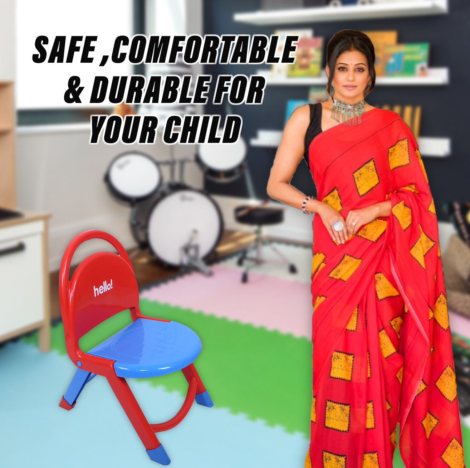 Kuber Industries Chair for Kids | Plastic Kids Foldable Chair | Baby Chair | School Study Chair | Toddler Chair | Indoor or Outdoor Use for Kids | Capacity 80 Kg | Red & Blue