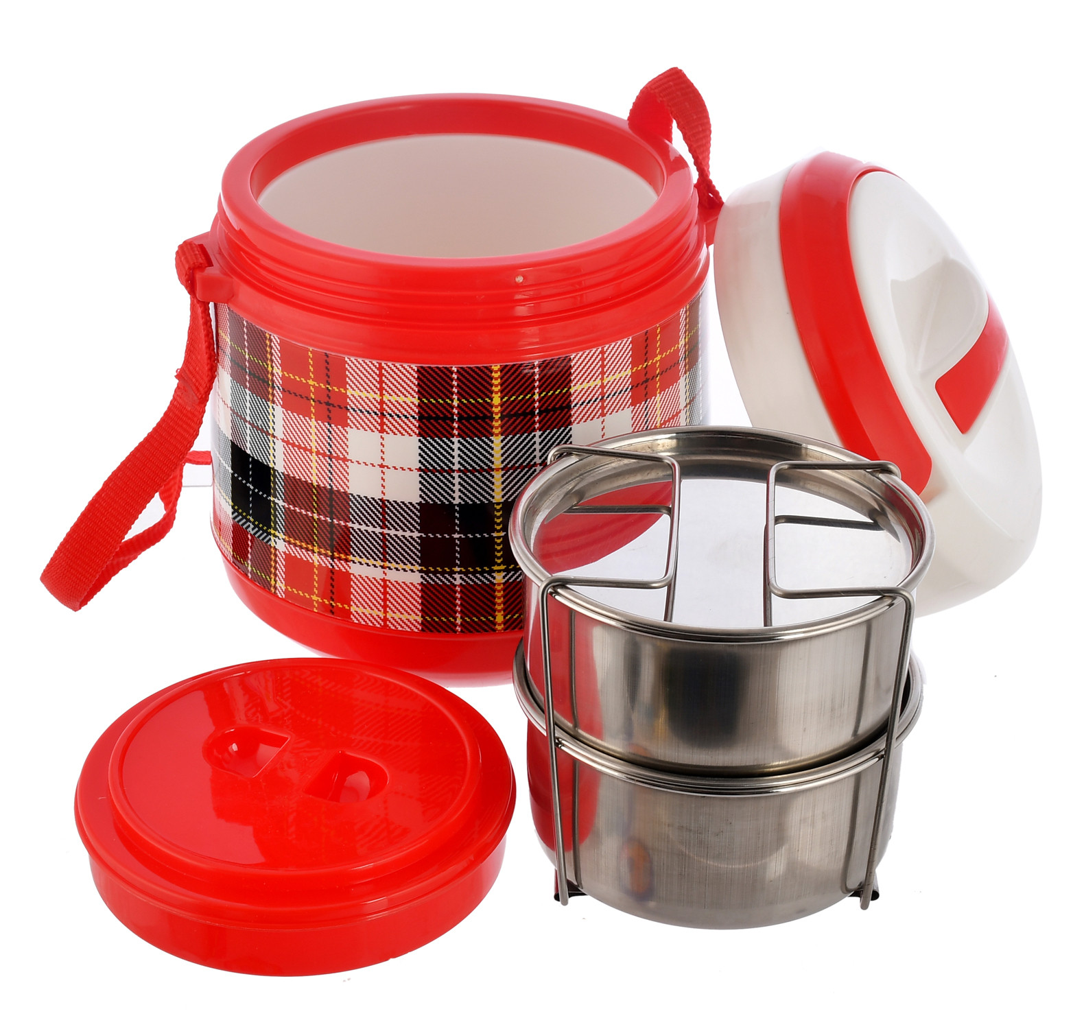Kuber Industries Check Deisgn BPA Free Food Grade Insulated Lunch Box With 2 Steel Container & 1 Plastic Pickel Box (Cream & Red)