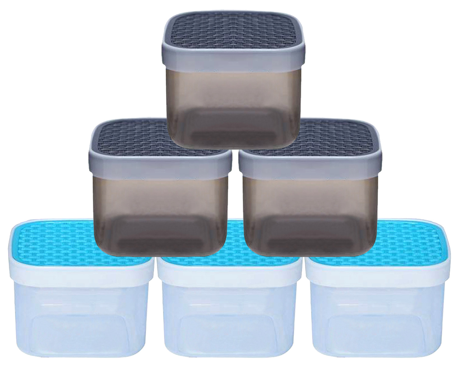 Kuber Industries Check Deisgn Lid  Multi Purpose Plastic Container,1200ml, Set of 6 (Grey & Blue)