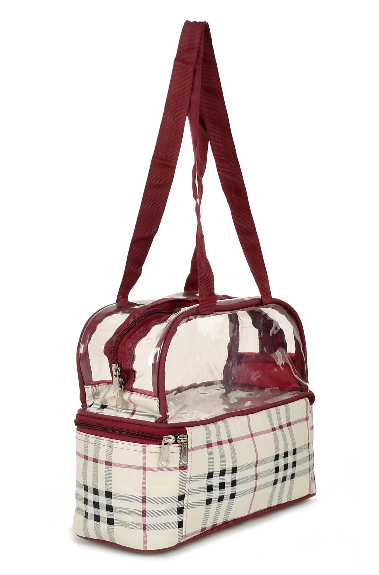 Kuber Industries Check Design Double Decker Cosmetic Bag Travel Toiletry Cosmetic Makeup Bag Organizer (Maroon)-HS_38_KUBMART21031