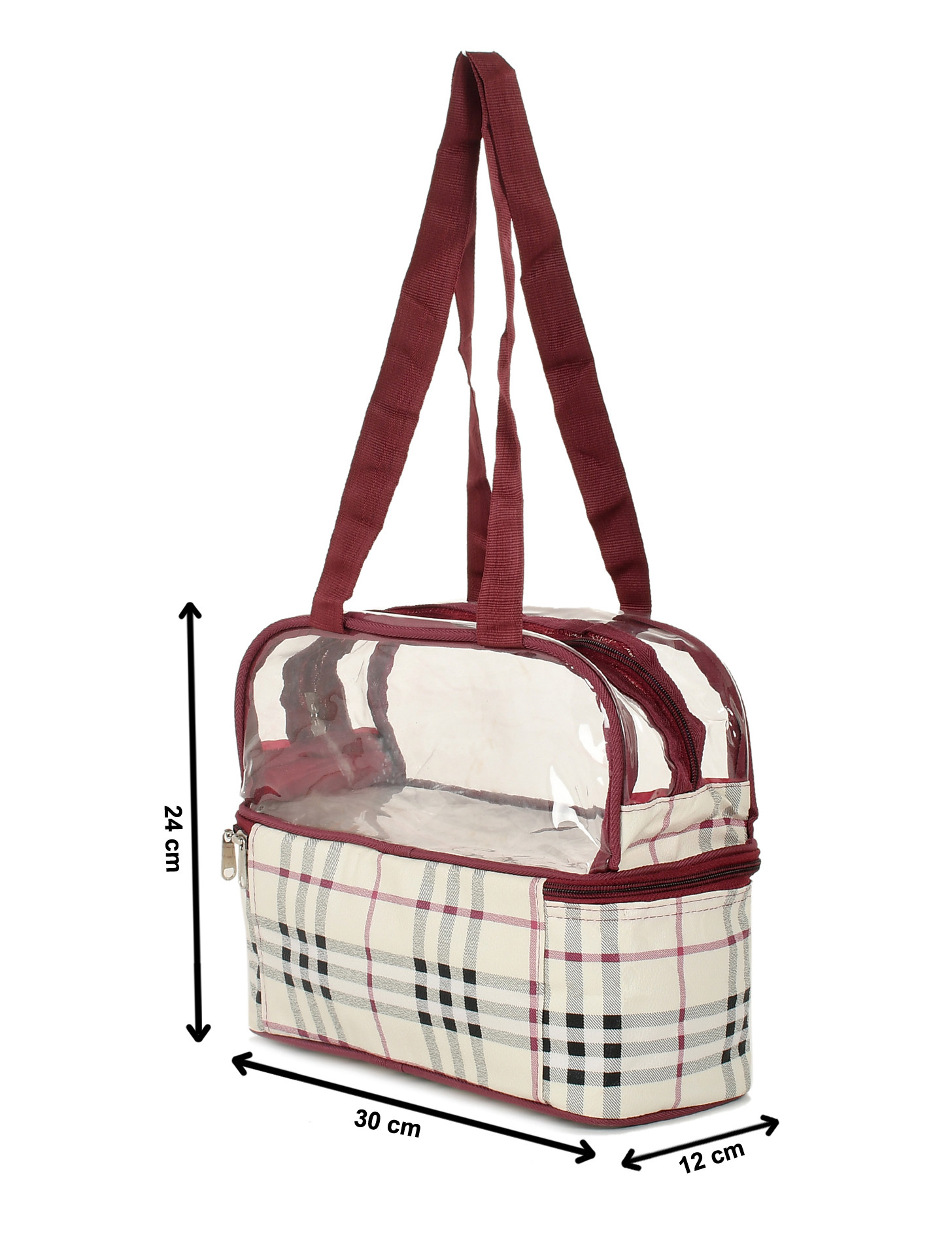 Kuber Industries Check Design Double Decker Cosmetic Bag Travel Toiletry Cosmetic Makeup Bag Organizer (Maroon)-HS_38_KUBMART21031