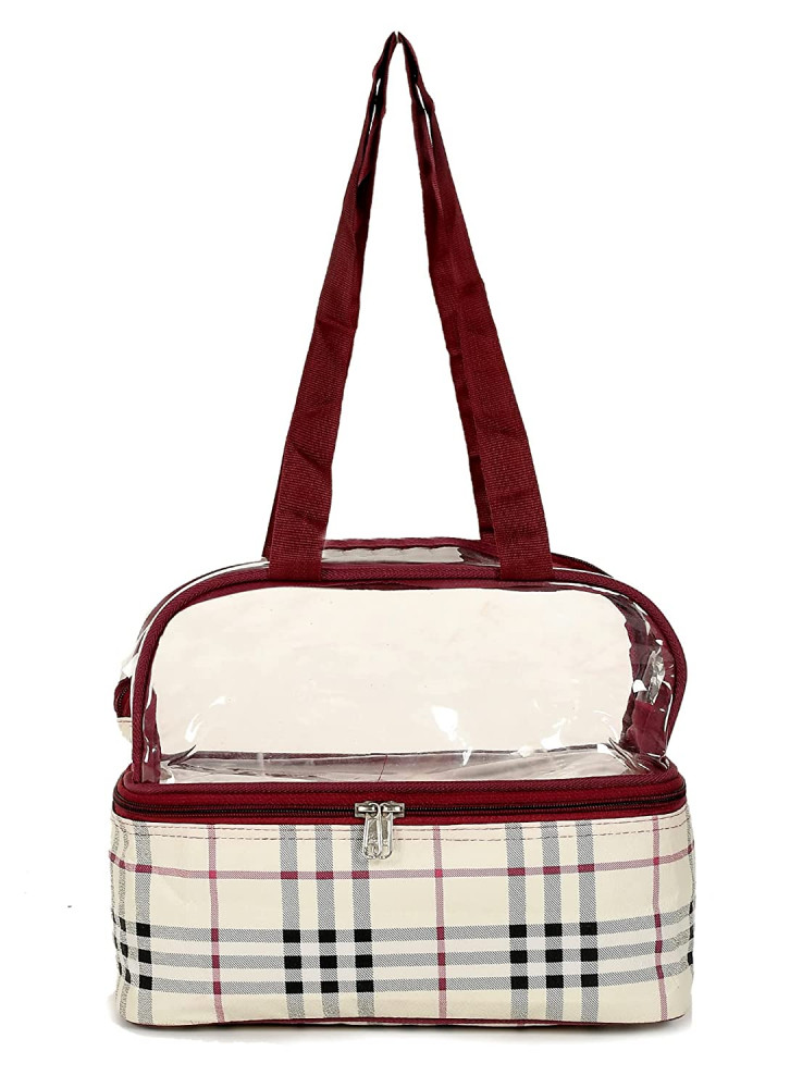 Kuber Industries Check Design Double Layer Travel Toiletry Bag/Organizer (Maroon)