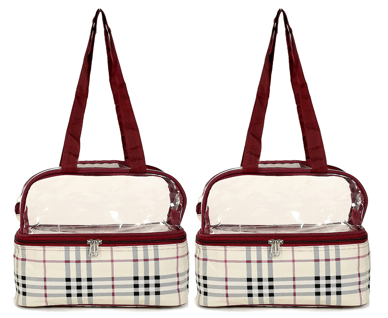 Kuber Industries Check Design Double Layer Travel Toiletry Bag/Organizer (Maroon)