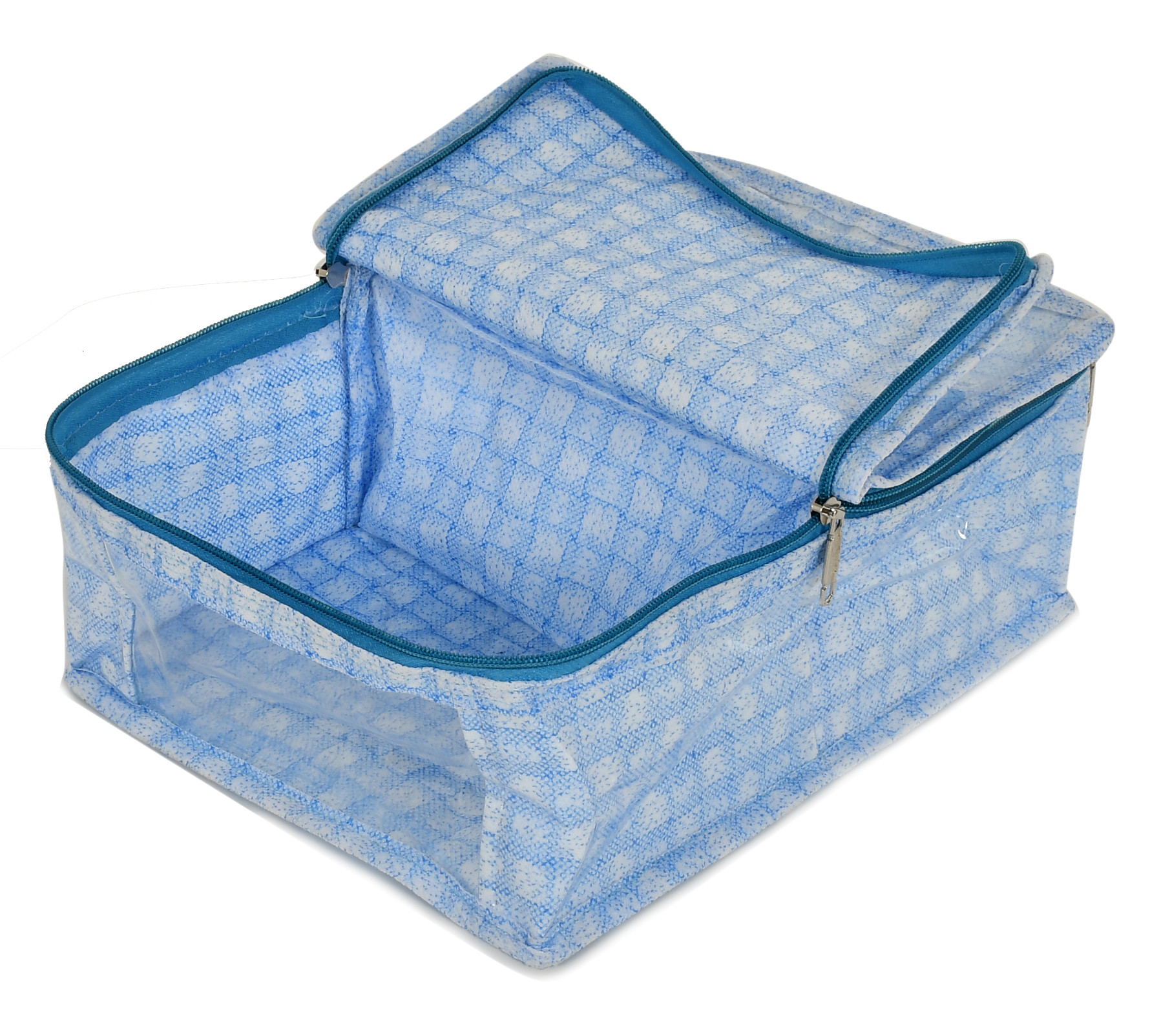 Kuber Industries Check Design Laminated PVC 2 Compartment Undergarments Organizer Bag, Storage Bag  Fits All Size Undergarments, Socks, Cosmetic, Toiletry kit With Tranasparent Window (Blue)-HS_38_KUBMART21265