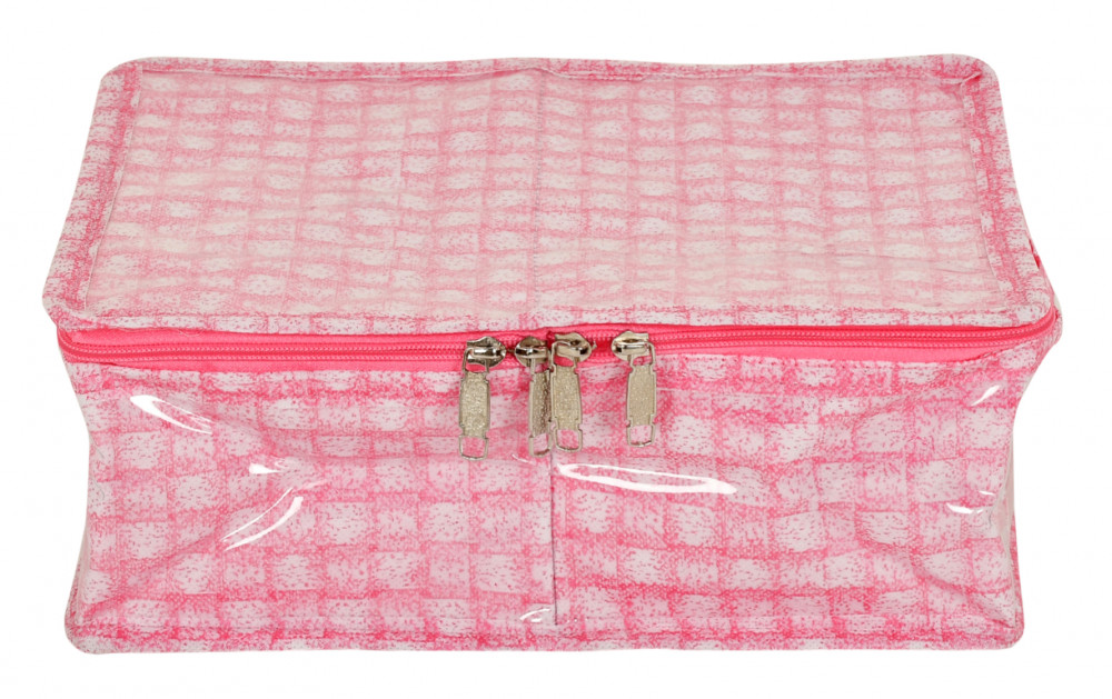 Kuber Industries Check Design Laminated PVC 2 Compartment Undergarments Organizer Bag, Storage Bag  Fits All Size Undergarments, Socks, Cosmetic, Toiletry kit With Tranasparent Window (Pink)-HS_38_KUBMART21269