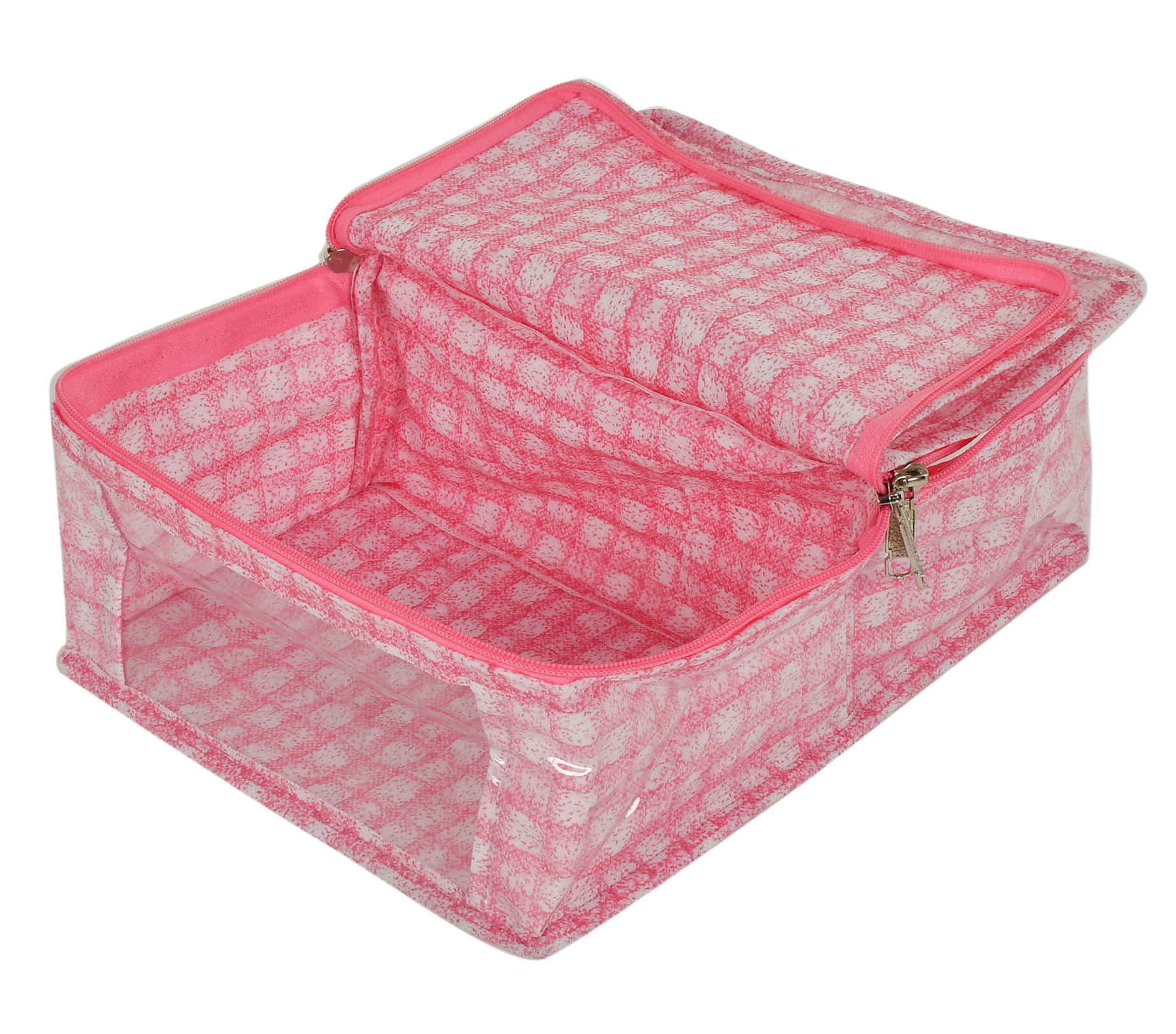 Kuber Industries Check Design Laminated PVC 2 Compartment Undergarments Organizer Bag, Storage Bag  Fits All Size Undergarments, Socks, Cosmetic, Toiletry kit With Tranasparent Window (Pink)-HS_38_KUBMART21269