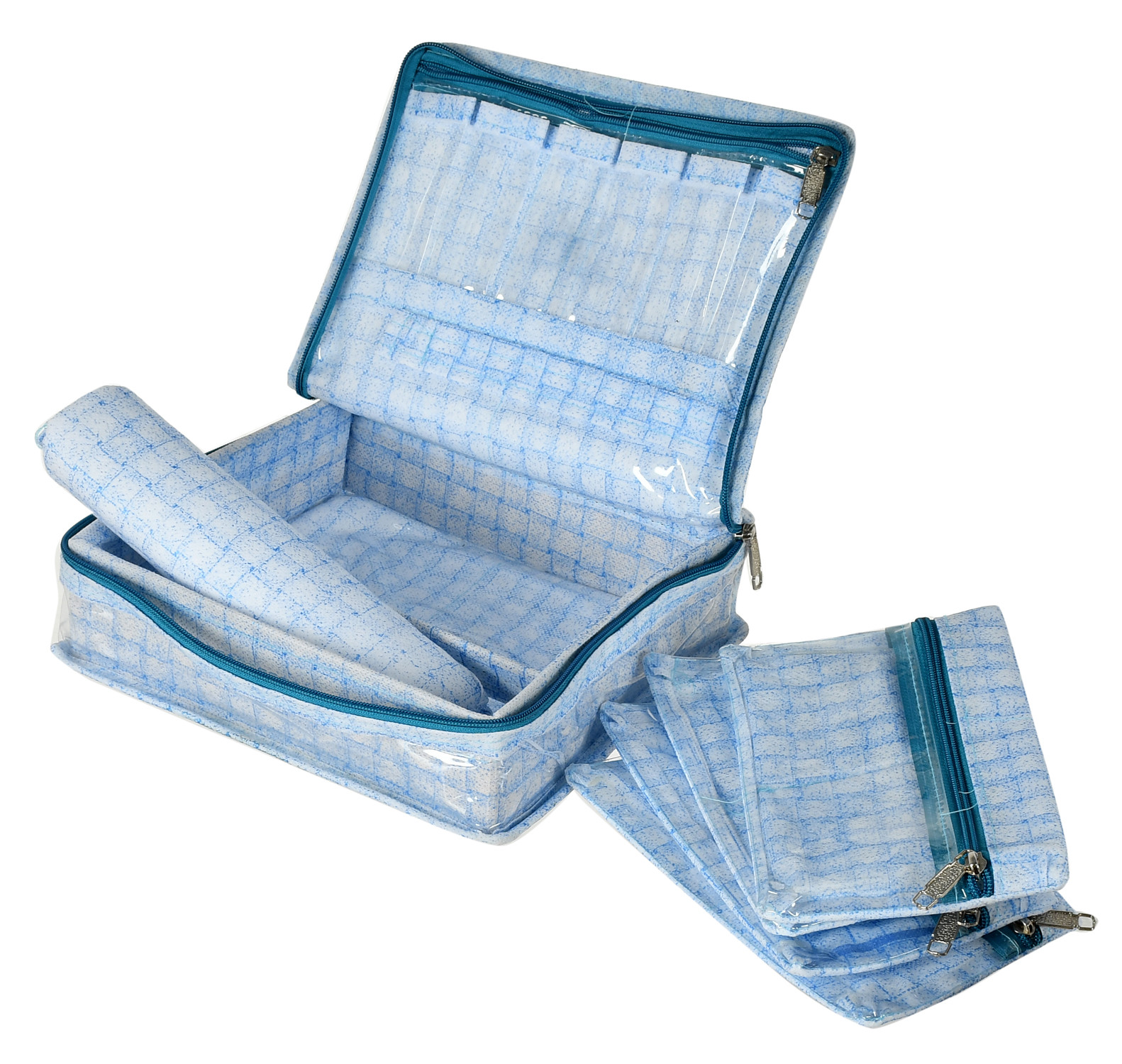 Kuber Industries Check Design Laminated PVC Jewellery Organizer With 4 Transparent Pouches & 1 Bangle/Watch Rod For Keeps Your Jewellery,Earrings, Necklaces Organized And Secure (Blue)-HS_38_KUBMART21273