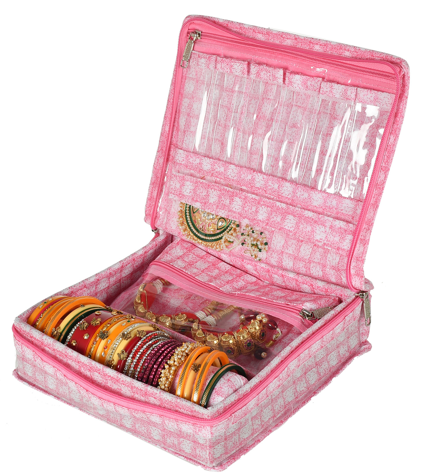 Kuber Industries Check Design Laminated PVC Jewellery Organizer With 4 Transparent Pouches & 1 Bangle/Watch Rod For Keeps Your Jewellery,Earrings, Necklaces Organized And Secure (Pink)-HS_38_KUBMART21277