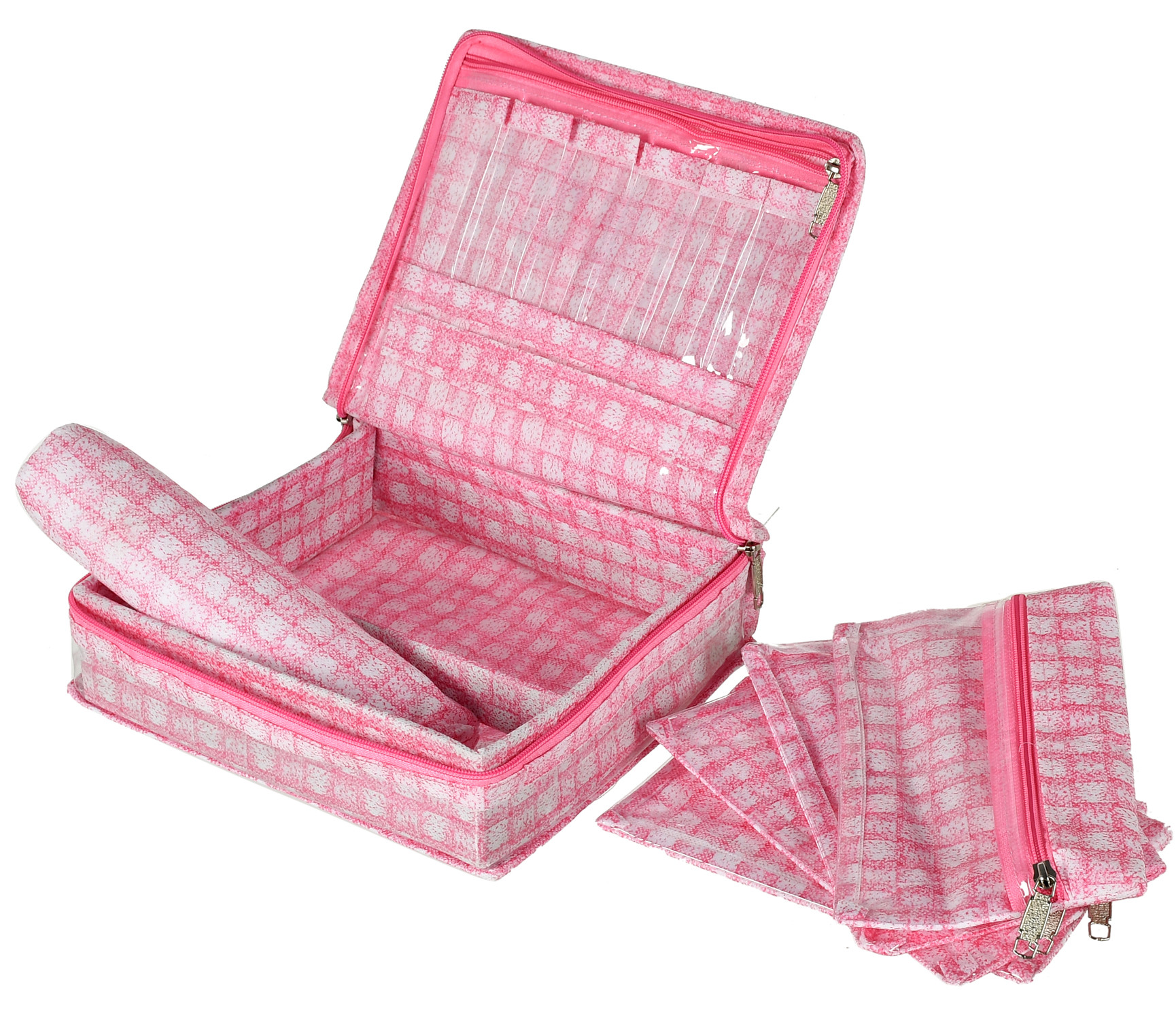 Kuber Industries Check Design Laminated PVC Jewellery Organizer With 4 Transparent Pouches & 1 Bangle/Watch Rod For Keeps Your Jewellery,Earrings, Necklaces Organized And Secure (Pink)-HS_38_KUBMART21277