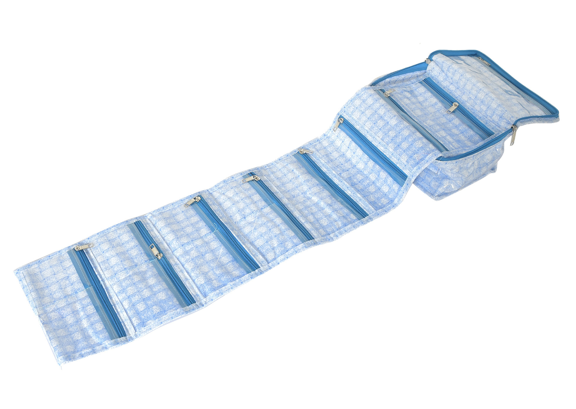 Kuber Industries Check Design Laminated PVC Multipurpose Jewellery Organizer With 8 Tranasparent Pouches (Blue)-HS43KUBMART25829