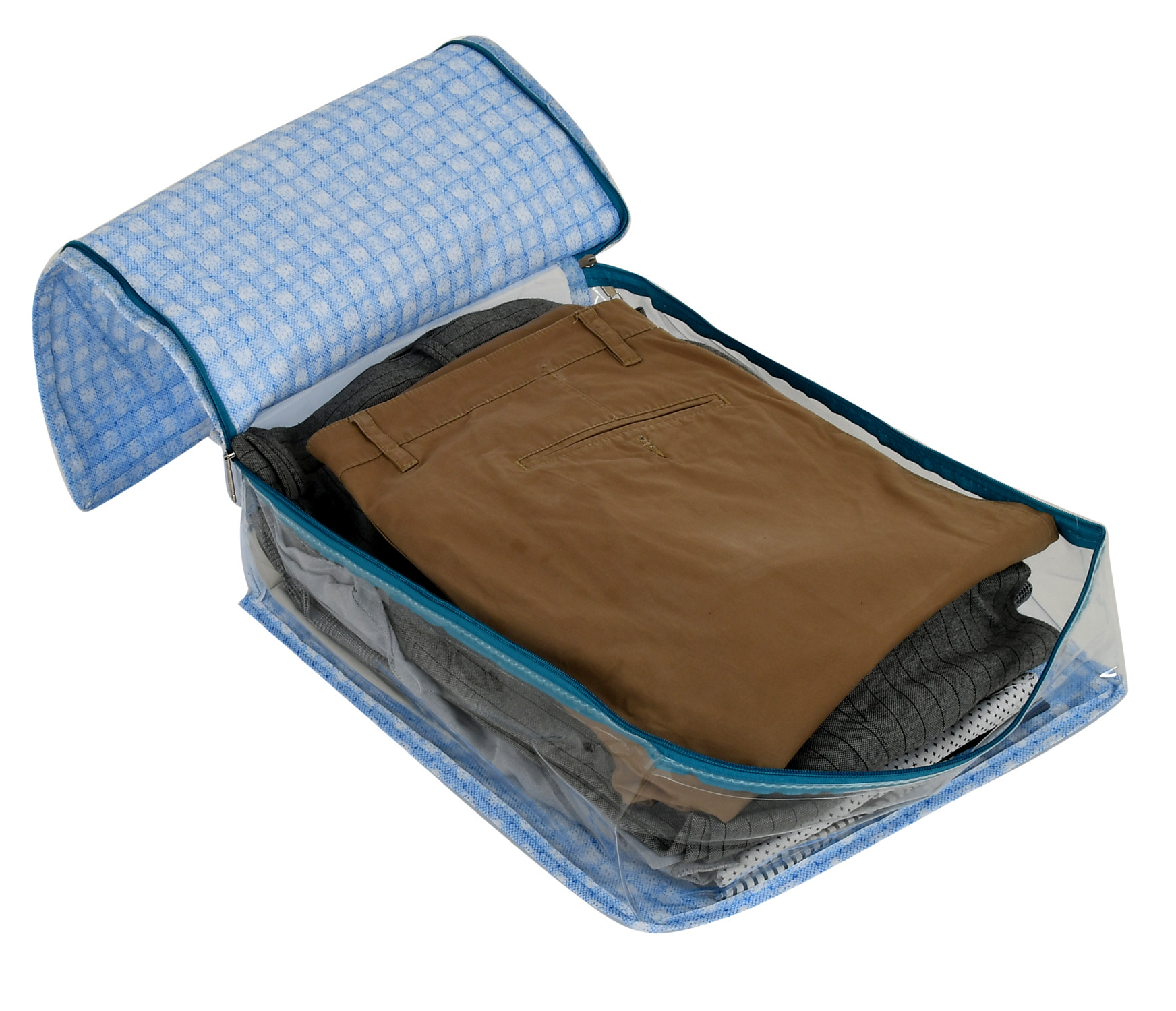 Kuber Industries Check Design Laminated PVC Transaparent Pant/Trouser Organizer Cover Storage Bag For Store Trousers, Jeans, Pants, Clothes Organizer (Blue)                                      -HS_38_KUBMART21289