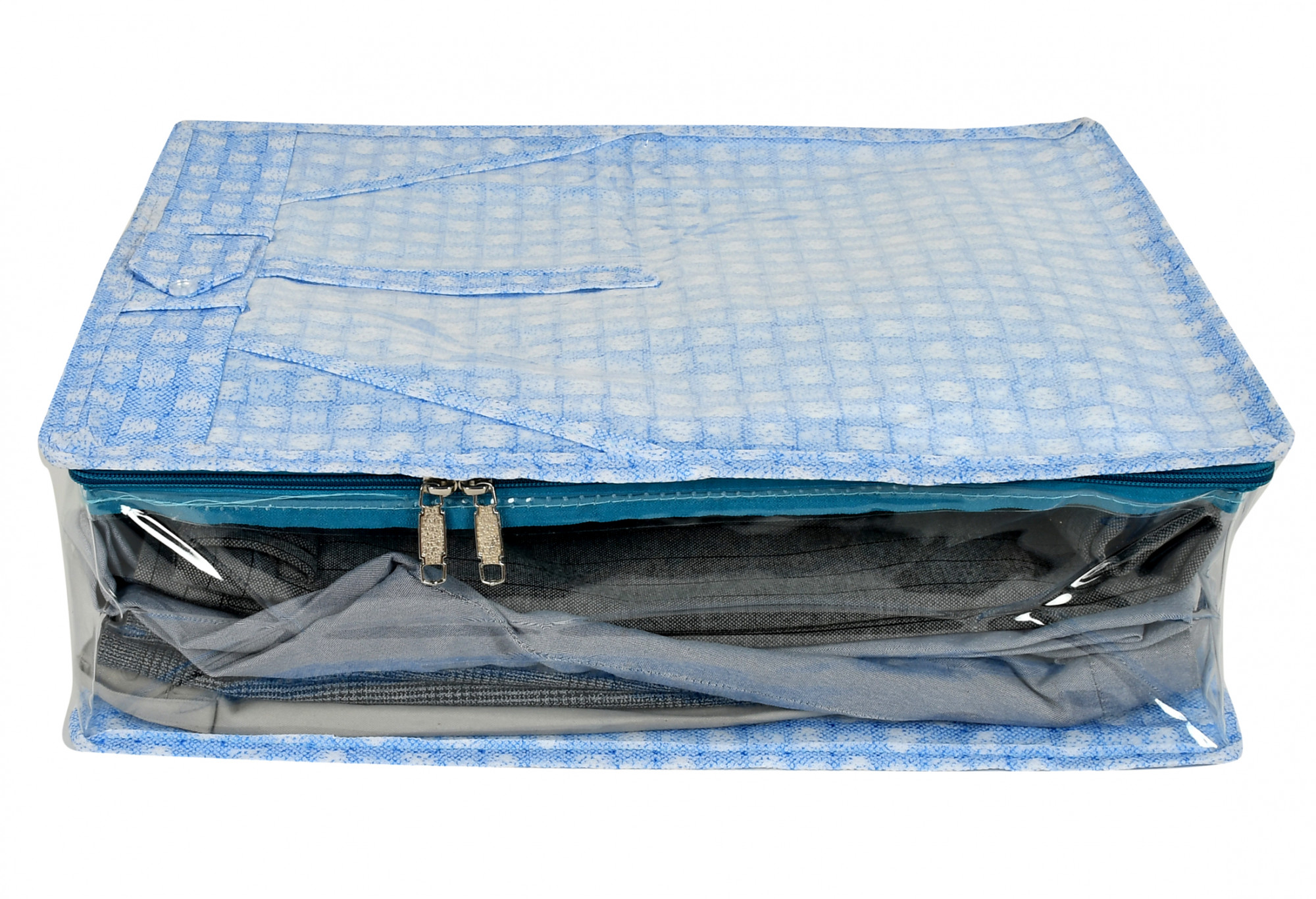 Kuber Industries Check Design Laminated PVC Transaparent Pant/Trouser Organizer Cover Storage Bag For Store Trousers, Jeans, Pants, Clothes Organizer (Blue)                                      -HS_38_KUBMART21289