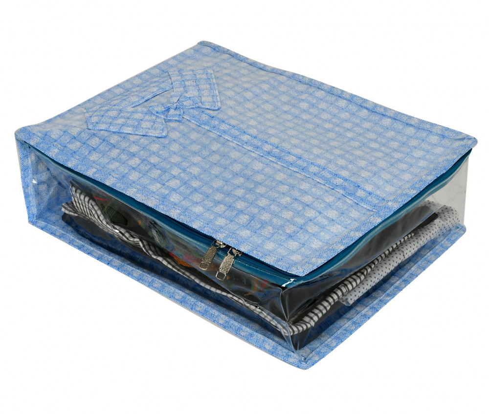 Kuber Industries Check Design Laminated PVC Transaparent Shirt Cover Bag For Storage Garment Foldable Shirt Cover Storage Organizer T-shirt Trousers Jeans Clothes Organizer (Blue)-HS_38_KUBMART21285